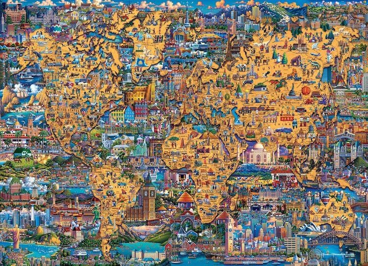 The map of the world flattened with landmarks on the land and in the sea