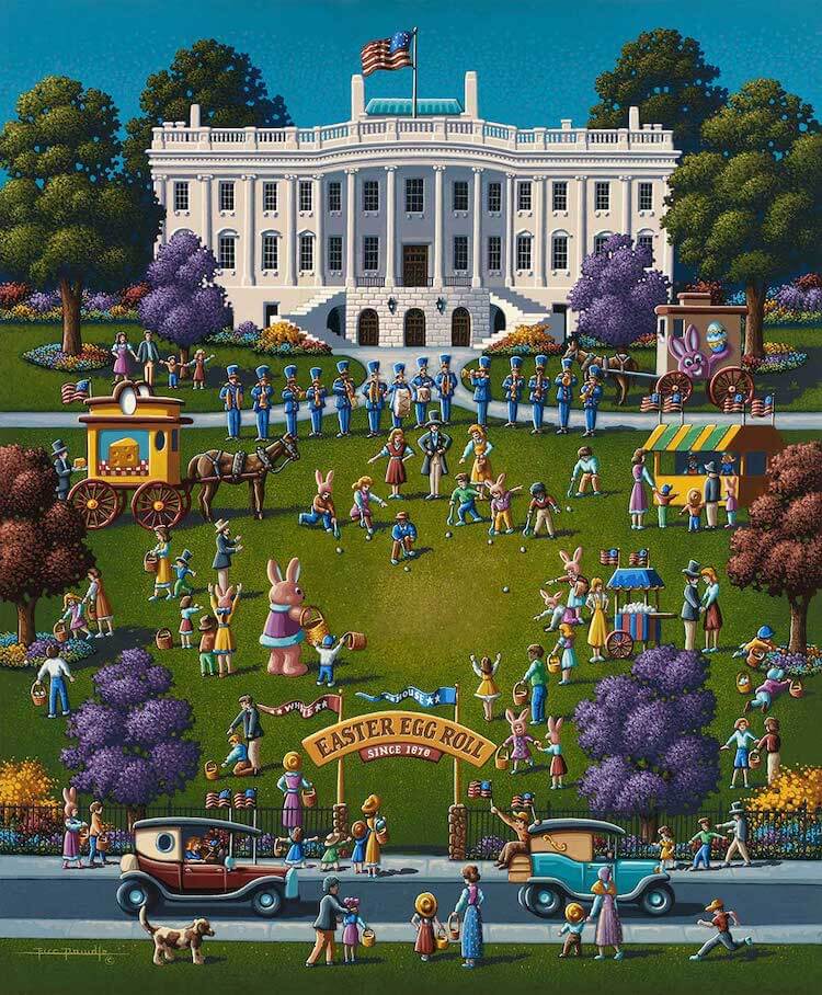 The White House with soldiers on the lawn and an Easter bunny with ids collecting eggs