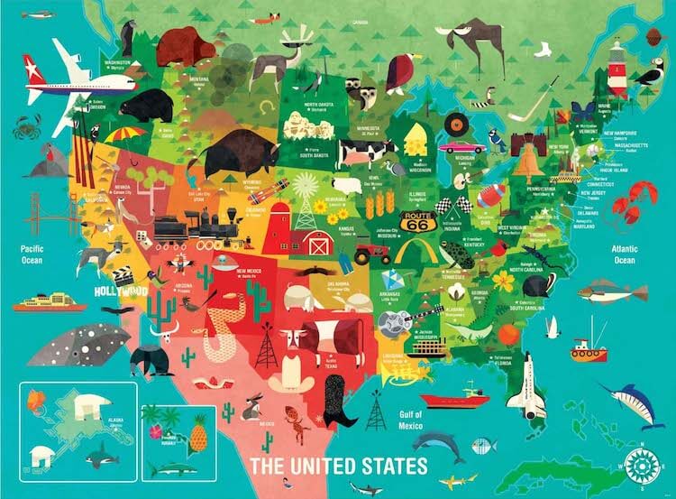 A map of the United States with a cartoon depiction of what each state is known for