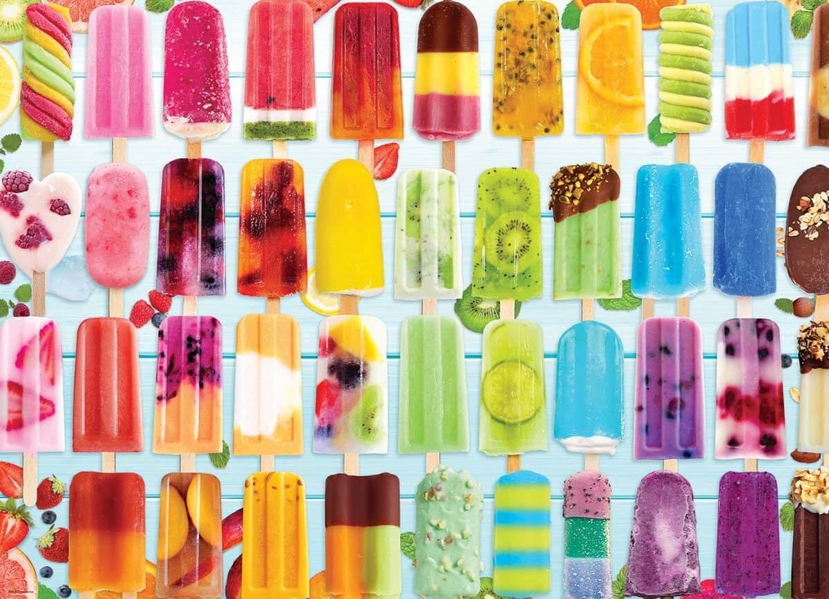 4 rows of popsicles arranged by color from right to left: red, orange, yellow, green, blue, purple, and chocolate 