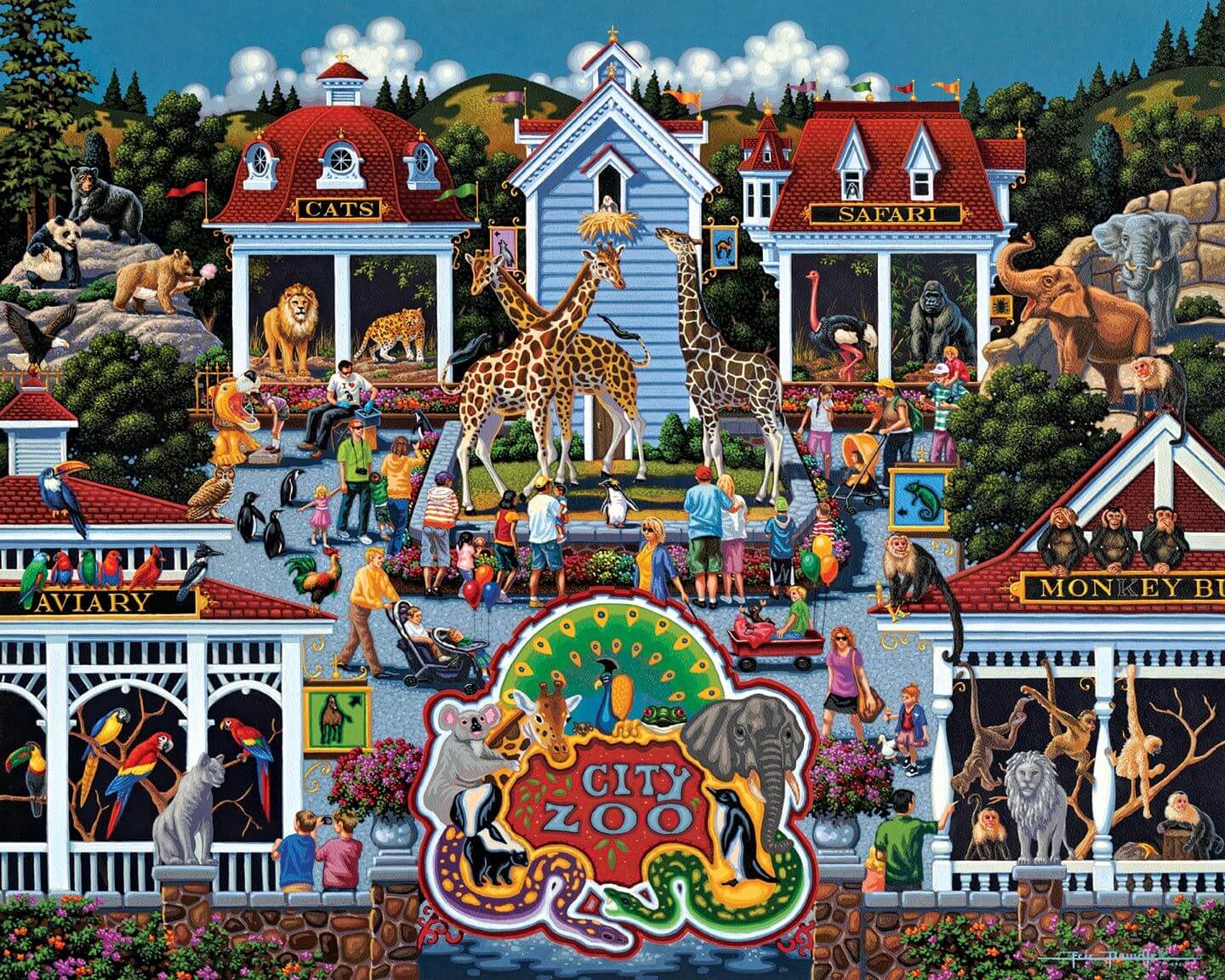 Puzzle image of a cartoon zoo with animals and people wandering through the zoo