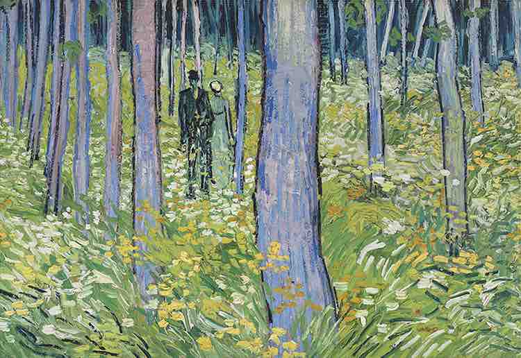 Van Gogh painting of a couple walking in the woods of white tree trunks and green grass