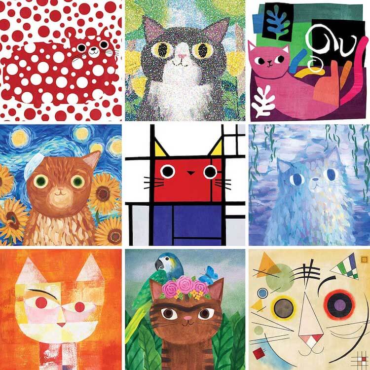 Nine cats in a grid dressed up as famous paintings