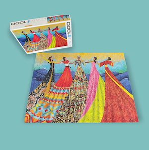 Puzzle of 5 women in bright dresses with puzzle box