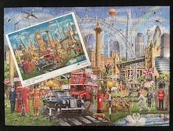 Puzzle of London with image laid on top.  Image has London guards, ferris wheel, telephone booth, red double decker bus, and buildings