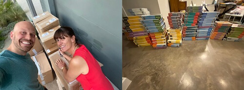 Man and woman with boxes outside garage and puzzle boxes stacked up in hallway