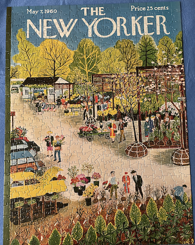 A The New Yorker cover puzzle of a garden center showing random cut pieces