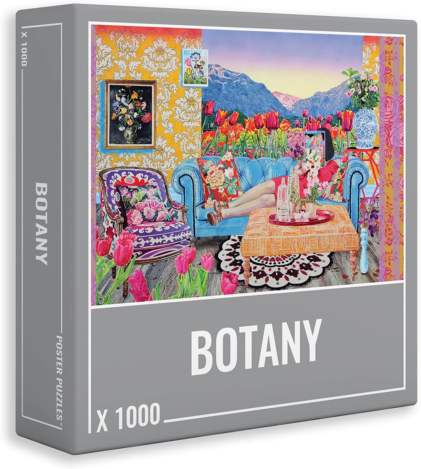 Puzzle box with woman lounging on blue couch with red flowers and mountains in the distance