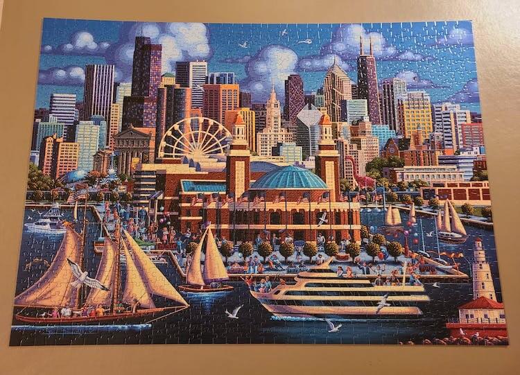 Puzzle of ships in the harbor with Chicago building skyline in the background
