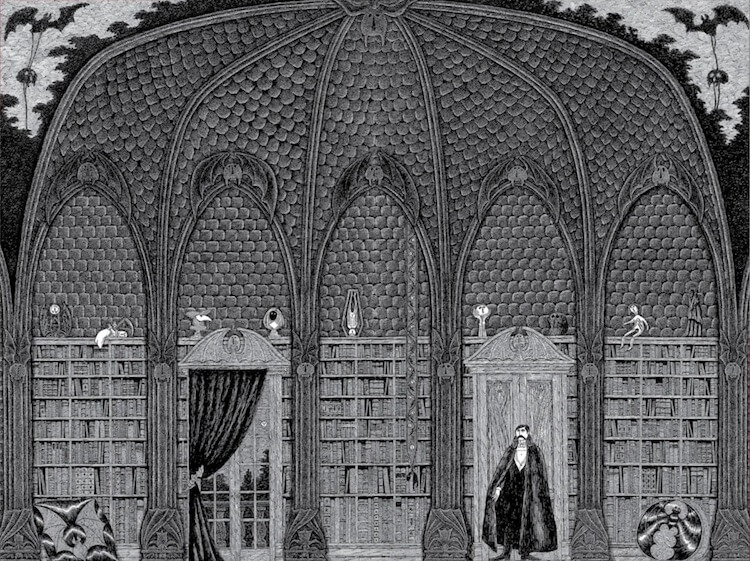 Most challenging puzzles for adults: A black and white puzzle of dracula in a library